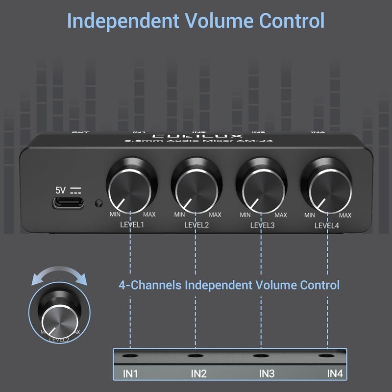 Cubilux 4-Channel 3.5mm Audio Mixer, Ultra-Low-Noise Mini Audio Mixer for Sub-Mixing, 1/8 TS/TRS Input, Stereo Switcher Suitable for Guitars, Bass, Keyboards - Image 4
